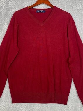 J CREW Mens Sz Large Burgundy Red 100% Merino Wool V Neck Pullover Sweater